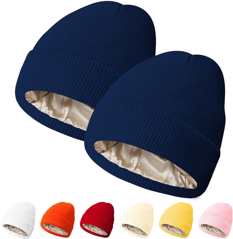 PFFY 2 Packs Womens Satin Lined Beanie Hat Silk Lining Winter Hats Beanies for Women Soft Slouchy Beanie Skull Cap - Image 1